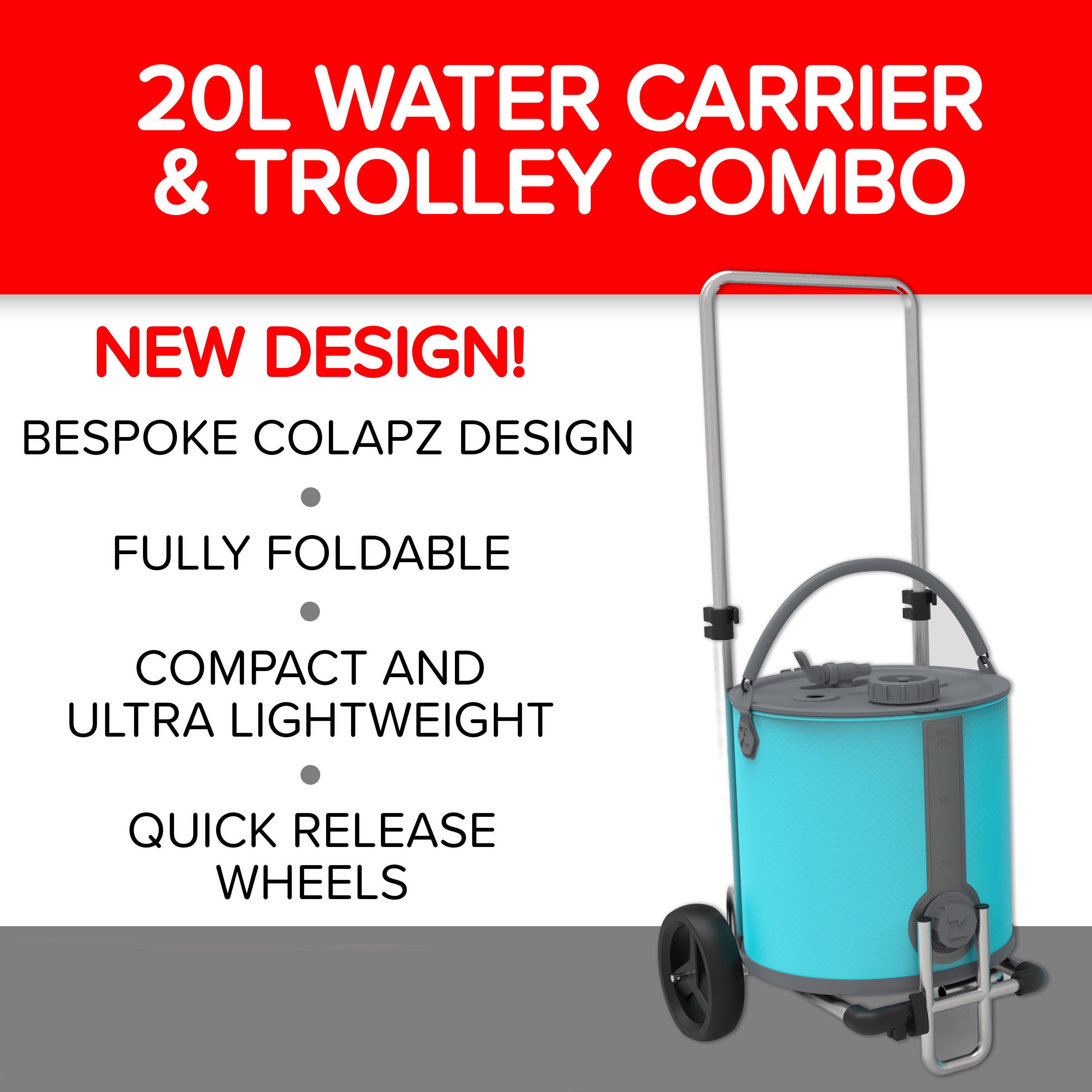 Collapsible 2-in-1 Water Carrier & Bucket with Lockable Lid, Handle and Tap + Trolley - 20 Litres Capacity