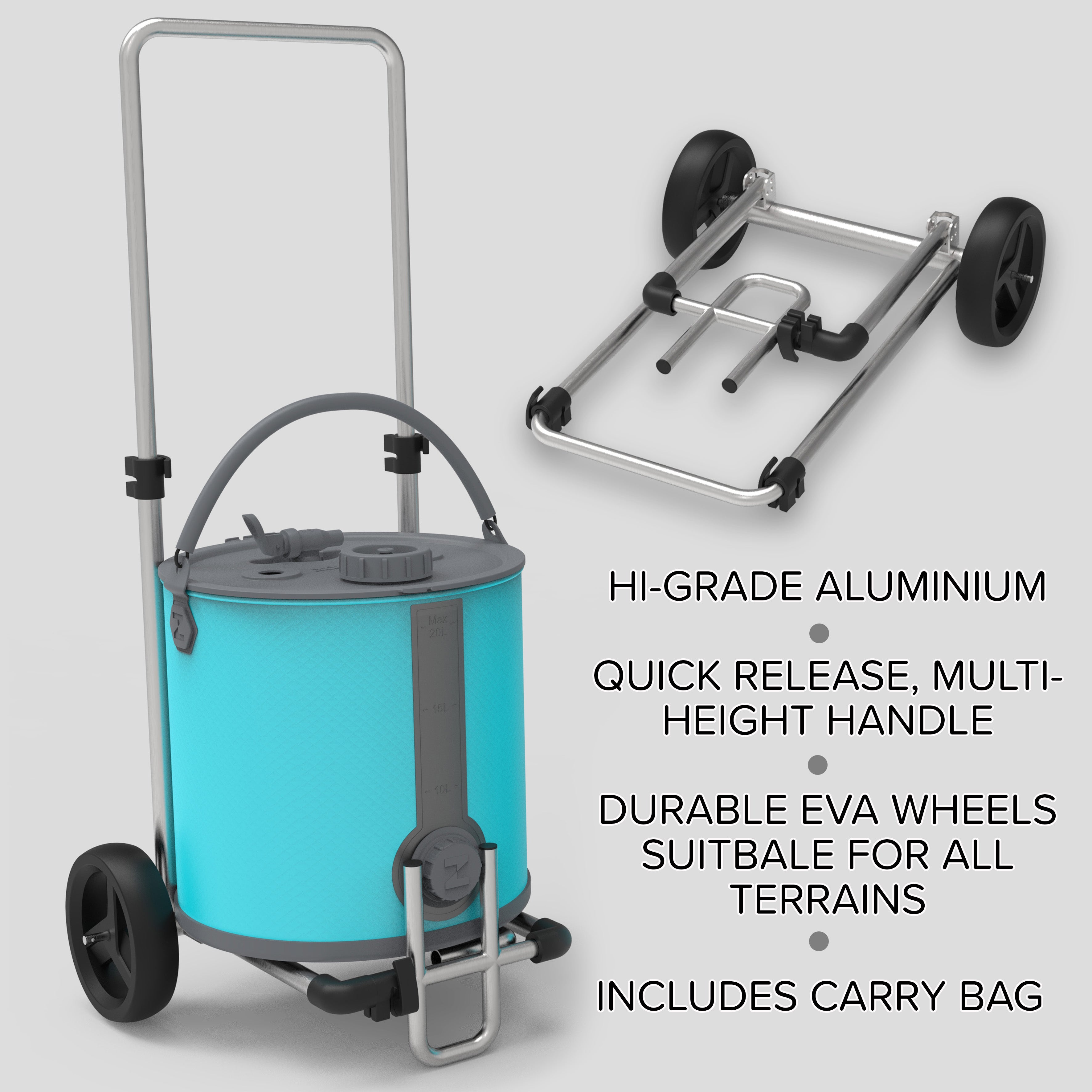 Collapsible 2-in-1 Water Carrier & Bucket with Lockable Lid, Handle and Tap + Trolley - 20 Litres Capacity